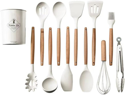 33-Piece Silicone Kitchen Utensil Set with Holder – Heat Resistant up to 446°F, Non-Stick Cooking Tools with Wooden Handles, Measuring Cups, Spatulas, Tongs, Whisk & More