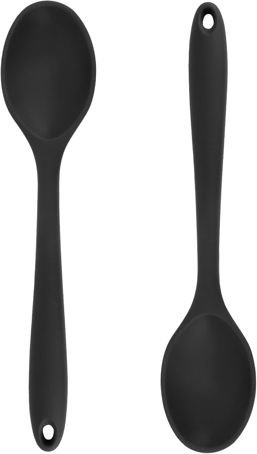 Cooking Spoon 2Pcs 10.8'' Large Serving Spoons Black Heat Resistant Silicone Spoon, Non-Stick Mixing Kitchen Spoons, Premium Silicone Kitchen Utensils for Stirring, Baking & Mixing, Dishwasher Safe