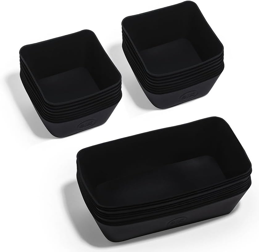 The Silicone Kitchen Reusable Silicone Bento Baking Cup, Non-Toxic, BPA Free, Dishwasher Safe Bento Box Accessories Lunch Box Dividers, Square and Rectangle, 24 Pack, Matte Black