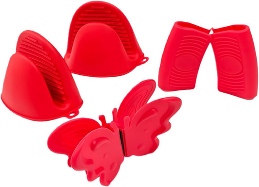 Silicone Heat Resistant Mini Oven Mitts Set – 2 Sets (6-Pack), Pot Handle Covers, Microwave Pinch Mitts & Butterfly-Style Hot Holders, Anti-Scalding Kitchen Cooking & Baking, Red