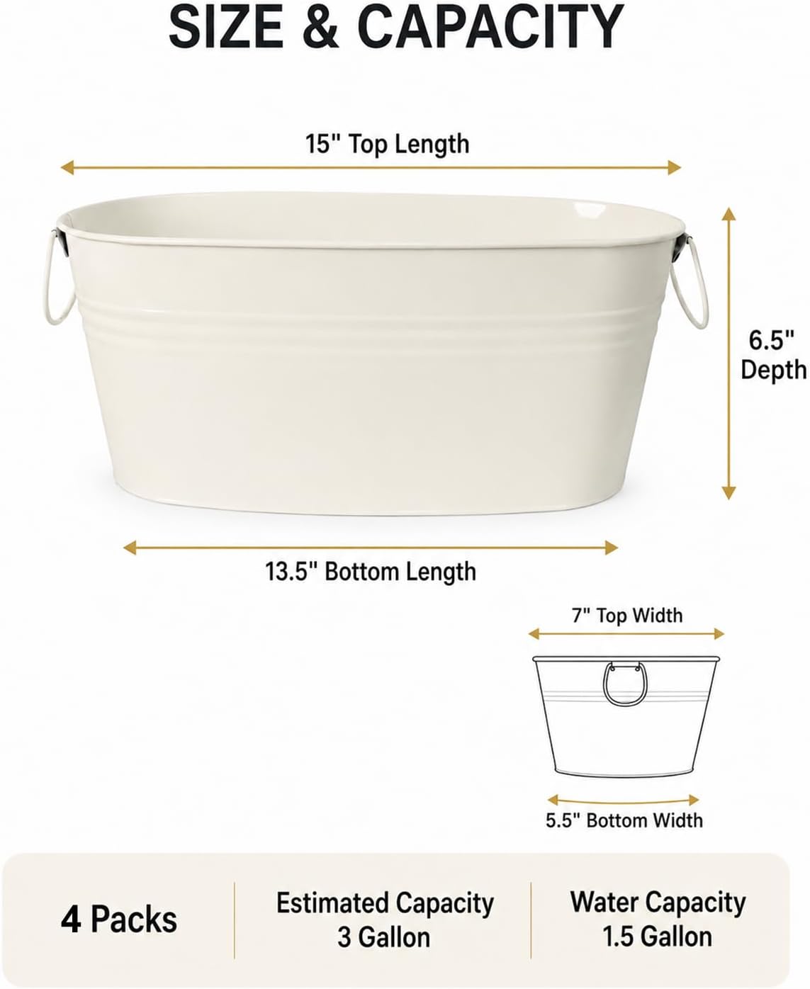 2 Pack 3 Gallon Galvanized Tub Ice Bucket, 15x7x6.5" Metal Drink Buckets for Parties, Leak-Proof Beer Beverage Tubs with Handles for Champagne Wine Mimosa Bar Supplies (White)