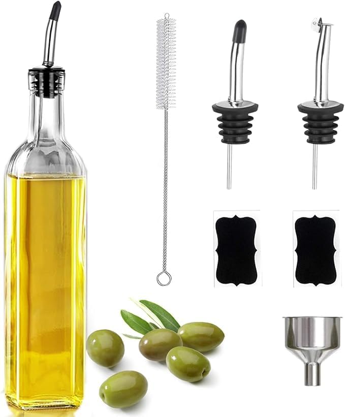 Leaflai 17oz Olive Oil Dispenser Bottle, 500ml Oil & Vinegar Cruet with 2 Stainless Steel Pourers, 2 Labels,1 Brush and 1 Funnel for Kitchen