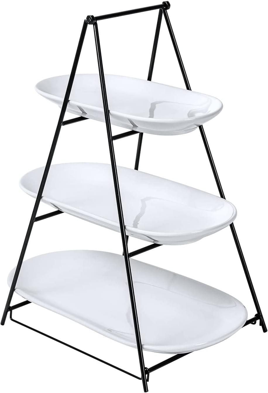 UNICASA Serving Bowls Set, 2 Tier Chip and Dip Bowls with Metal Rack Stand for Fruit, Salad, Candy, Snacks - Ceramic Tiered Appetizer Serving Dishes Food Display Stand for Parties, Kitchen