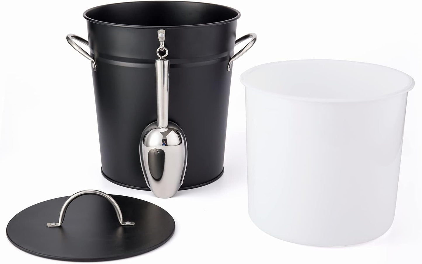 Rae Dunn Ice Bucket with Scoop - Stainless Steel Bucket with Handle, Lid and Ice Scooper - 4 Qt. Storage Bin for Ice Cubes for Bars, Parties, Backyard Barbeques, Picnics, and Camping (Black)
