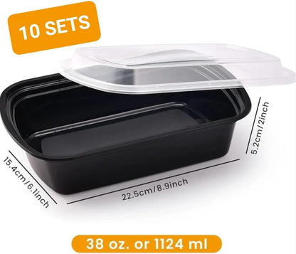 Meal Prep Food Storage Containers with Lids, Pack of 10, Black, Plastic, 38 Oz Capacity, 8.9x6.1x2 Inch, Reusable Lunch Box