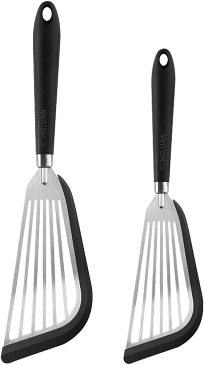 Stainless-Steel Slotted Flex Fish Turner, Set of 2, Kitchen Spatulas for Nonstick Cookware, Cooking Utensils for Flipping Eggs & Pancakes, Heat-Resistant, BPA Free, Dishwasher Safe, Black
