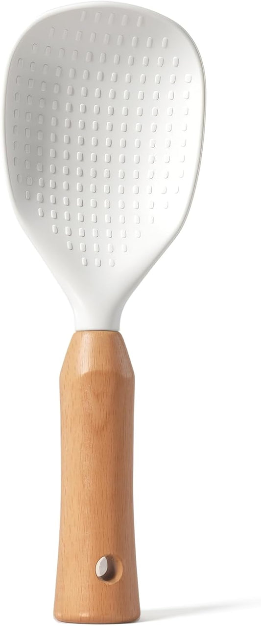 Standing Silicone Rice Scooper, Non Stick Rice-Cooking Spoon Paddle Heat Resistant Rice Spatula with Wooden Handle for Kitchen Cooking, Mixing, Scoop, Scrape, Beige