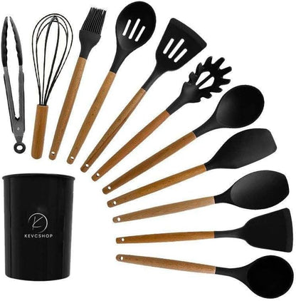Deluxe 12-Piece Silicone Kitchen Utensils Set with Durable Cooking Utensils - Heat Resistant Nonstick Cookware Essentials, Includes Spoon, Spatula, Ladle, and Utensil Set Holder