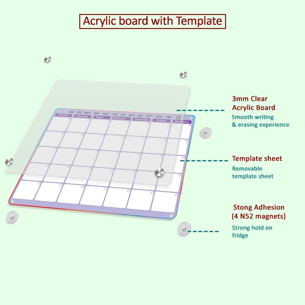 Pink Dry Erase Calendar for Fridge and Wall – Magnetic Acrylic Calendar 16x12 in, Dry Erase Board Reusable for Home or Office with 6 Liquid Chalk Markers | Pink Gifts for Women