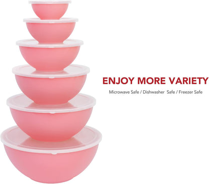 BoxedHome BPA Free Plastic Round Mixing Bowl with Lids, 12 Pack Nesting Bowls with Lids Set, Microwave and Dishwasher Safe Prep & Serving Bowls Great for Mixing, Baking, Serving (pinkish green, 12pcs)