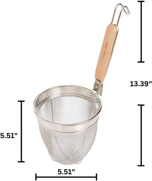 Helen's Asian Kitchen Deep Spider Strainer, 6-Inch Stainless Steel Mesh Basket With Bamboo Handle, For Noodles, Dumplings, Wontons, Deep Frying, And Draining Tasks