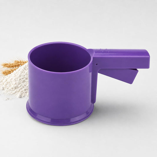 Flour Sifter with Squeeze Handle, One-Hand Baking Sieve with Fine Stainless Steel Mesh and Measuring Marks for Flour, Powdered Sugar, Cocoa and Baking, Purple