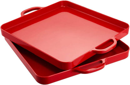 i BKGOO Foodservice Red Plastic Tray with Handle Set of 2 Large Melamine Cube Serving Platters for Parties, Table, Kitchen Size(12.5"x12.5"x1")