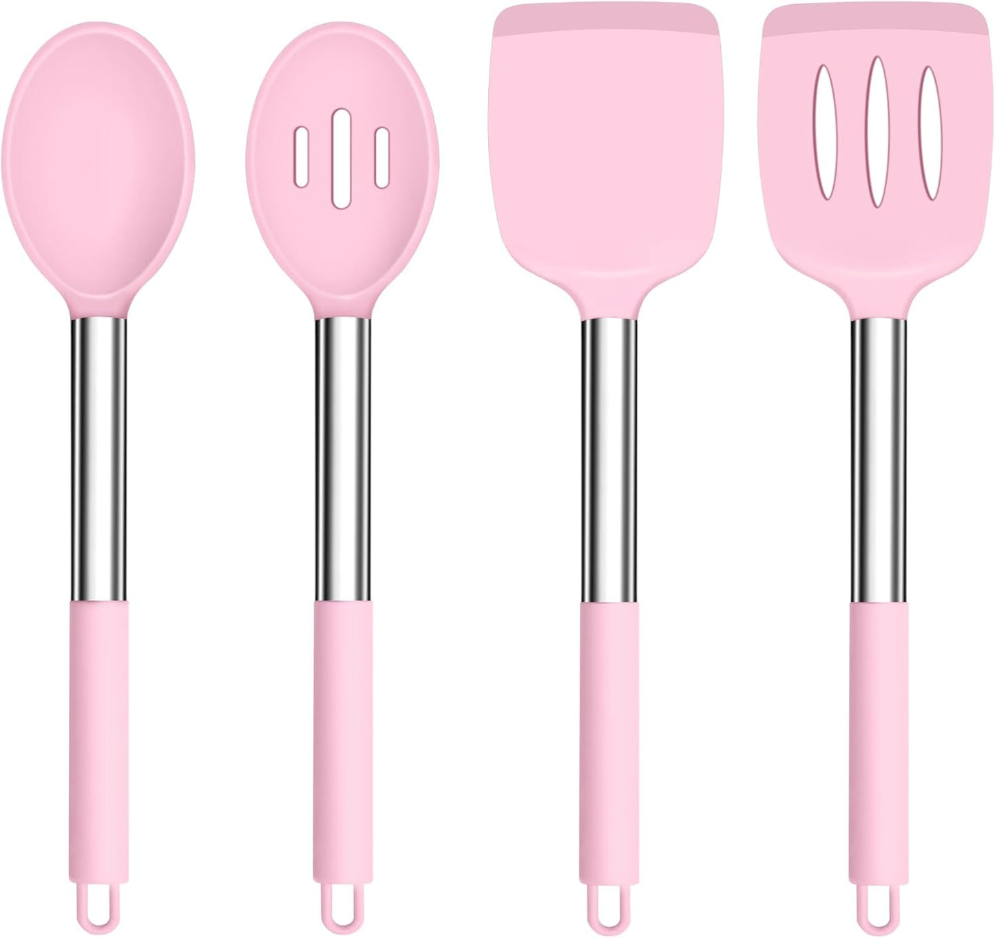 TeamFar Kitchen Utensils, 4 PCS Silicone Cooking Utensils Spatula Spoon Set with Stainless Steel Handle, for Frying Mixing Draining Turning, Healthy & Heat-proof, Non-stick & Dishwasher Safe - Black