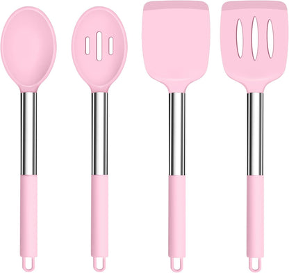 TeamFar Kitchen Utensils, 4 PCS Silicone Cooking Utensils Spatula Spoon Set with Stainless Steel Handle, for Frying Mixing Draining Turning, Healthy & Heat-proof, Non-stick & Dishwasher Safe - Black