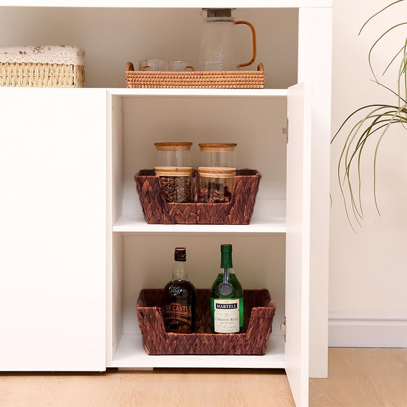 Wicker Basket for Pantry, Open Front Storage Baskets with Built-in Handles,Water Hyacinth Bins for Shelves, Brown, 2-Pack