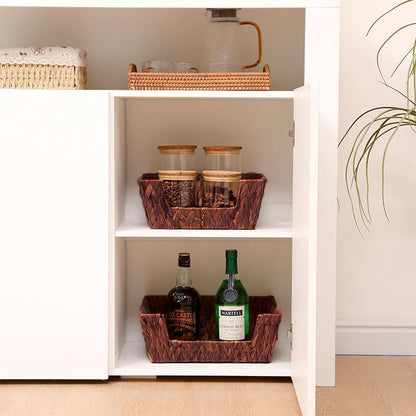 Wicker Basket for Pantry, Open Front Storage Baskets with Built-in Handles,Water Hyacinth Bins for Shelves, Brown, 2-Pack