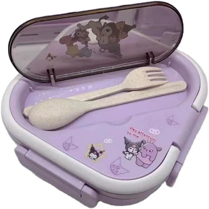 Bento Lunch Box Container Set with 3 Compartments Portable Personal Sealed Plastic Utensils Food Container Cute Kawaii Anime Kitty Bunny Dog (Pink Kitty)