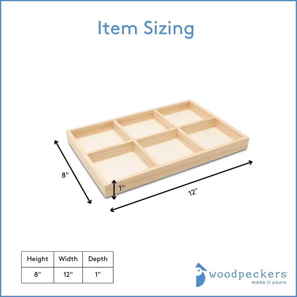 DIY Rectangle Wooden Divided Serving Tray 12 x 8-inch, Pack of 1 6-Section Candy Tray for Vegetable & Fruit Party Platters, by Woodpeckers
