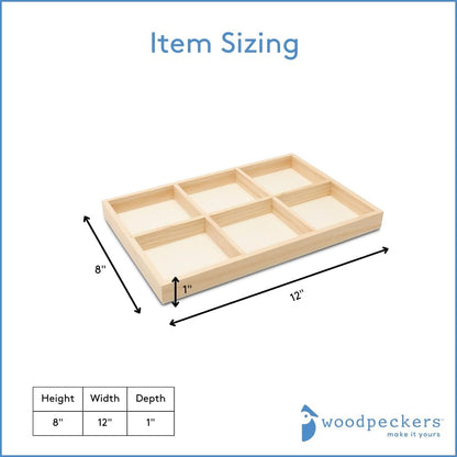 DIY Rectangle Wooden Divided Serving Tray 12 x 8-inch, Pack of 1 6-Section Candy Tray for Vegetable & Fruit Party Platters, by Woodpeckers