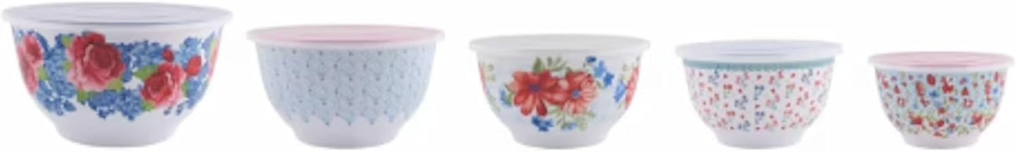 Pioneer Woman Floral Spring Bouquet Melamine Mixing Bowl Set, 10 Piece Set With Lids