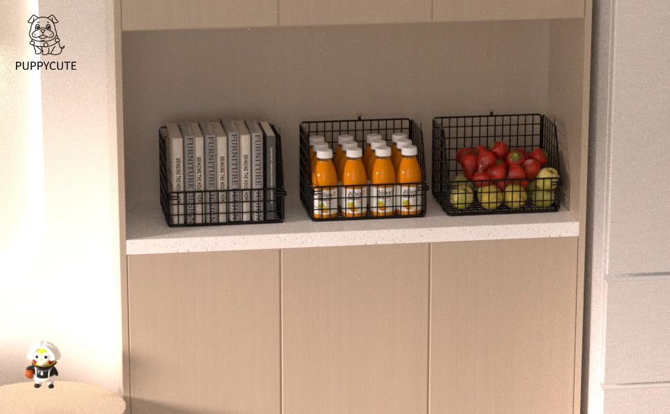 PUPPYCUTE Stackable Wire Storage Baskets for Kitchen Closet Pantry, Hanging Closet Organizers Storage Shelves Organization, Wall Mount Metal Basket Bins, Clothing Vegetable & Fruit Organizer 3 pcs