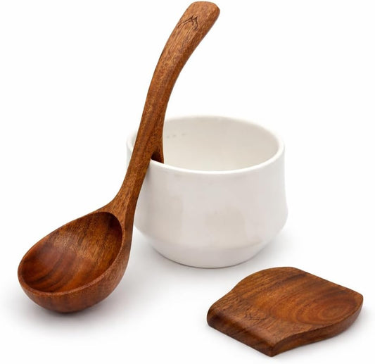 Prime Teak Wooden Ladle Set with Spoon Rest, Large Deep Bowl Soup Ladle with Hook Handle for Cooking, Serving & Stirring, Nonstick Cookware