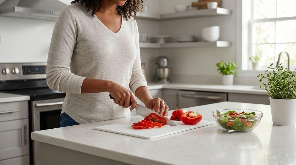 FARBERWARE Large Cutting Board, Dishwasher- Safe Plastic Chopping Board for Kitchen with Easy Grip Handle, 11in by 14in, White