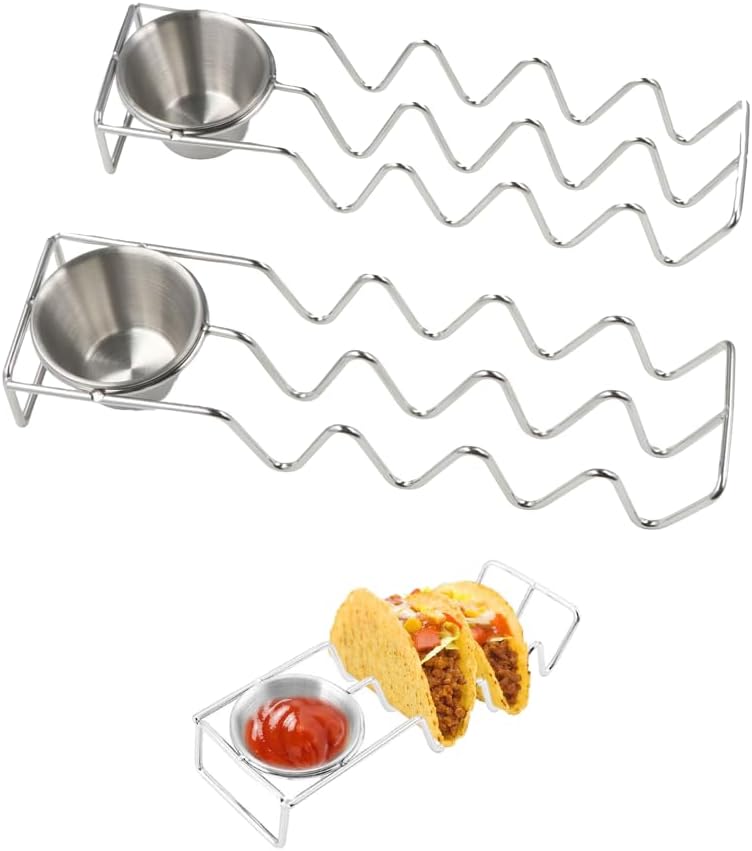 Taco Holders Set of 2, Stainless Steel Taco Shell Holder Stand Holds 4 Tacos Each, Taco Bar Serving Dishes with Sauce Bowl, Stackable Taco Tray Plates for Most Plates & Air Fryers