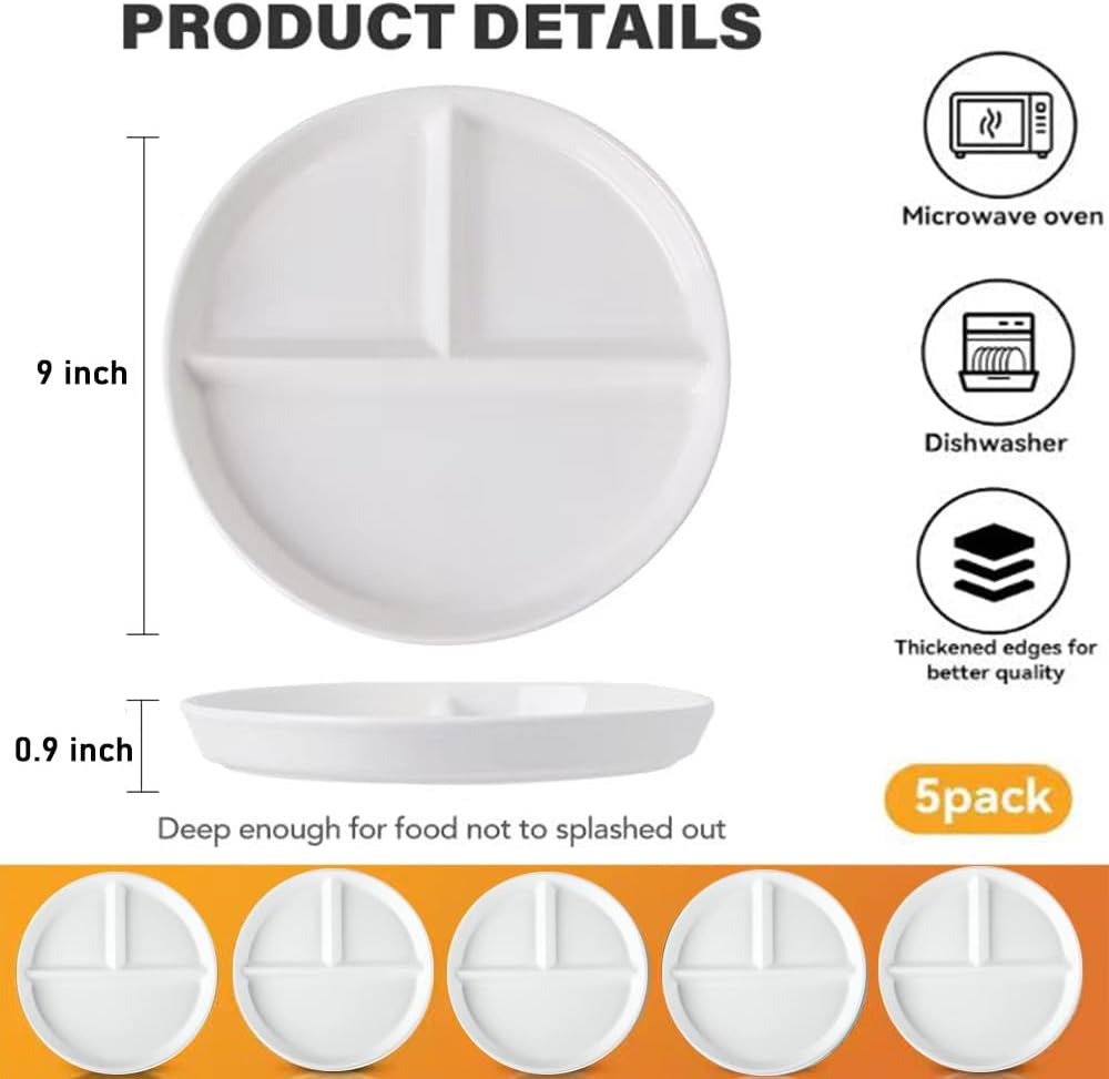 LRUUIDDE (5 Pack) Portion Control Plate for Balanced Eating, 9" Unbreakable Divided Plates,3 Compartment Plates, Reusable Plastic Plates, BPA Free for Adults