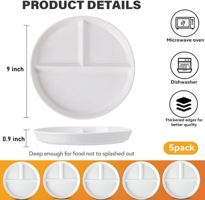 LRUUIDDE (5 Pack) Portion Control Plate for Balanced Eating, 9" Unbreakable Divided Plates,3 Compartment Plates, Reusable Plastic Plates, BPA Free for Adults