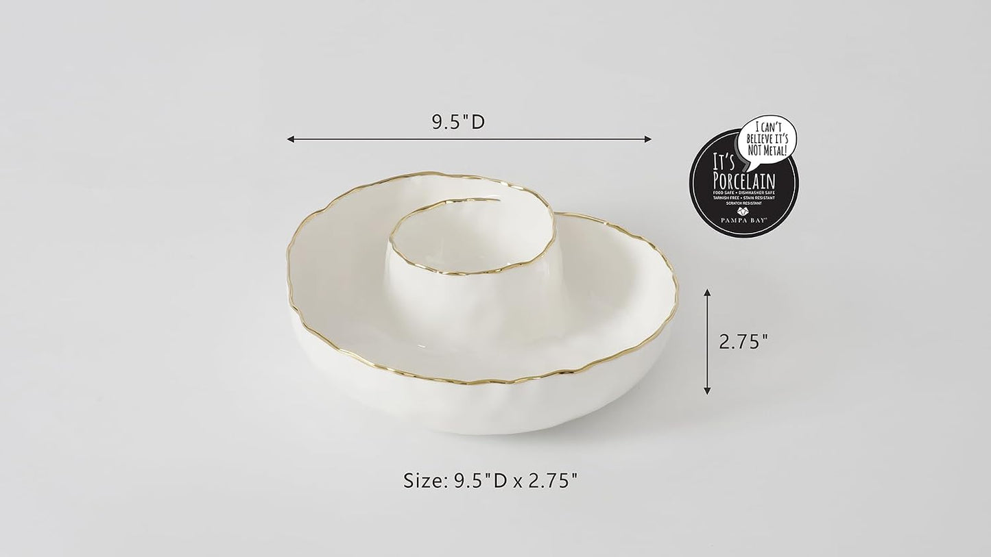 Pampa Bay Portofino Plata, Round Chip & Dip, 9.5” D x 2.75" (White and Gold)