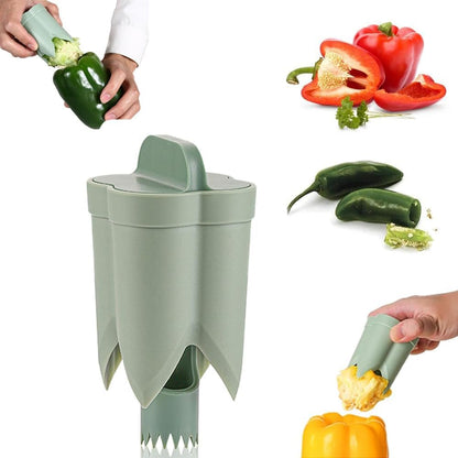Pepper Seed Corer Remover, 2 in 1 Bell Pepper Cutter Pepper Porer Seed Remover Tool, Pepper Deseeder Bell Pepper Corer Tool Pepper Cutter for Vegetables Kitchen Gadget (Green)
