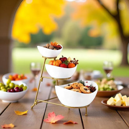 Gomakren 3 Tiered Oval Serving Bowl with Collapsible Metal Rack, Chip and Dip Serving Set, Dessert Appetizer Bowl Set (45oz / 17.5oz / 7oz), Serving Bowls For Mothers Day Entertaining (Gold Stand)