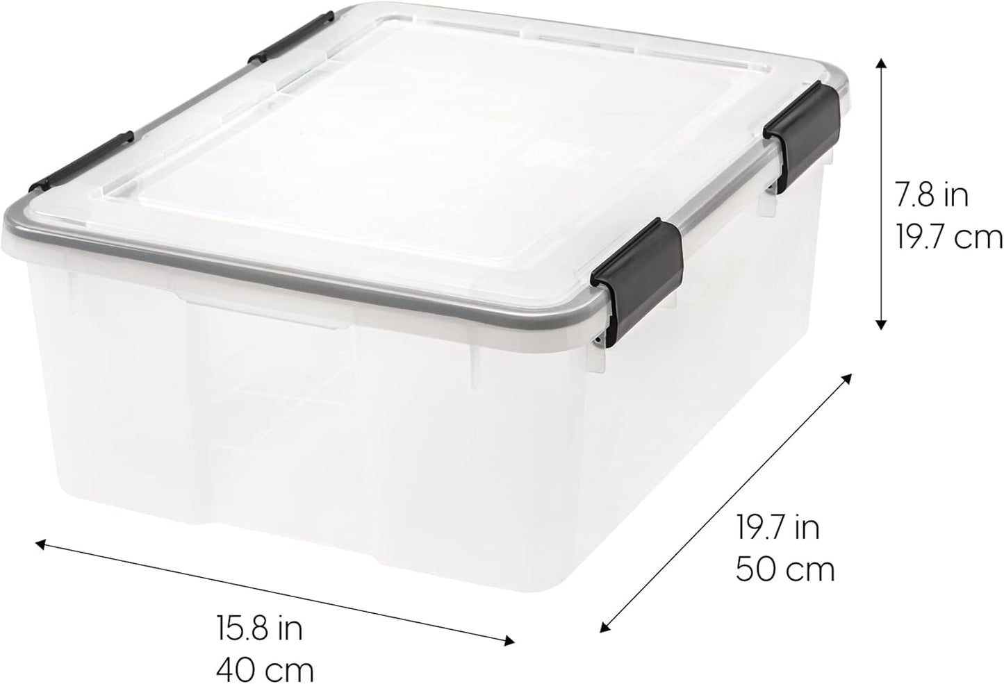IRIS USA WeatherPro 47 Qt Storage Bins with Lids, 2 Pack, BPA-Free Plastic Gasket Box with Tight Latch and Seal, Stackable Nestable Tote Tub - Clear/Black