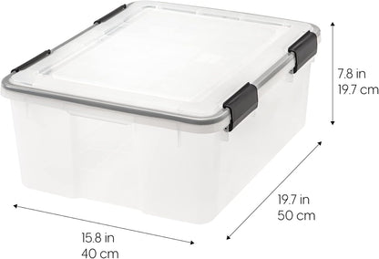 IRIS USA WeatherPro 47 Qt Storage Bins with Lids, 2 Pack, BPA-Free Plastic Gasket Box with Tight Latch and Seal, Stackable Nestable Tote Tub - Clear/Black
