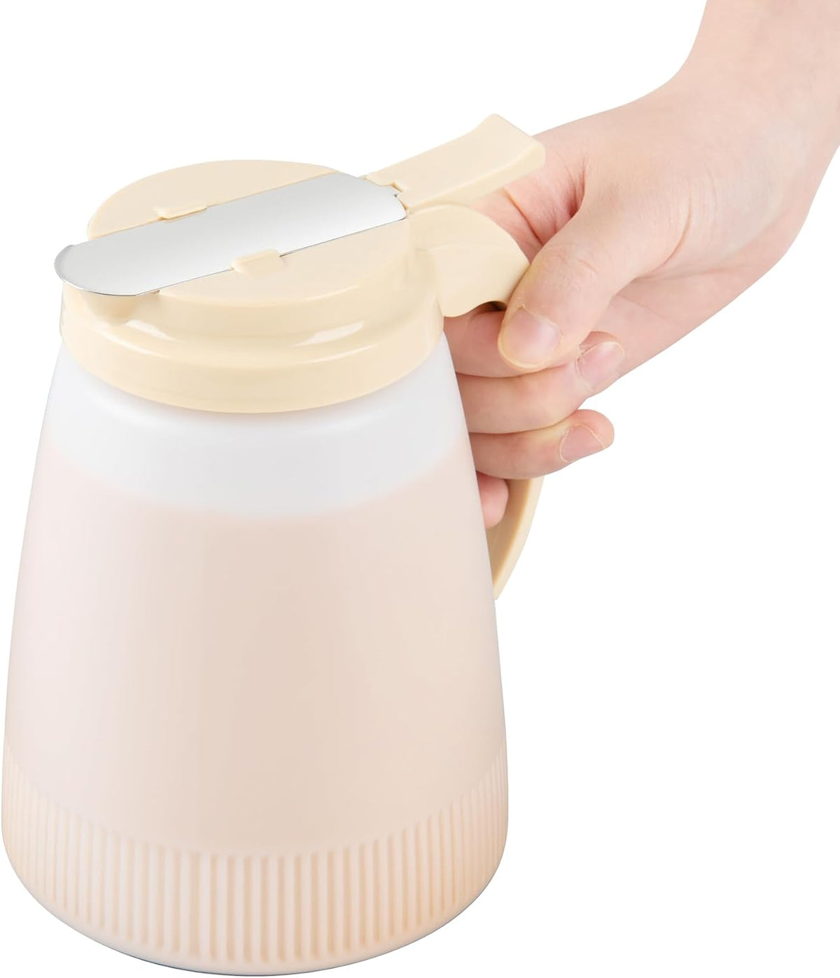 Restaurantware-Chef 101 32 Ounce All Purpose Syrup Dispenser, 1 Honey Dispenser - White Top, Stainless Steel Slide Cover, Plastic Pancake Syrup Bottle, Perfect For Diners, Restaurants, Home