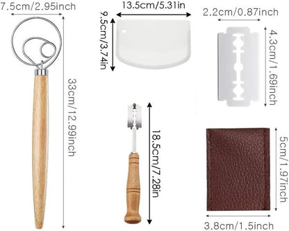 Danish Dough Whisk with Dough Scraper Bread Lame with 5 Blades and Leather Cover 13" Dutch Bread Whisk Bread Mixer Stainless Steel Dutch Bread Dough Whisk Hand Mixer for Sourdough, Pizza, Pastry, Cake