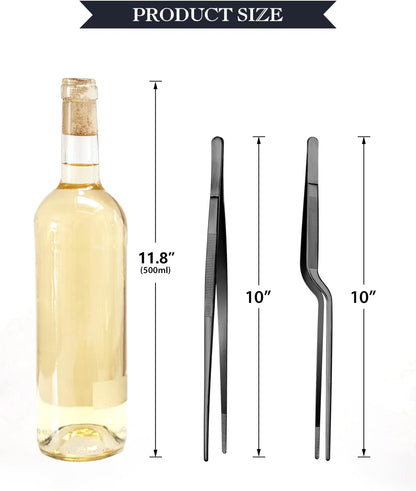 10-inch Cooking Tweezer and Offset Tweezer Set, Tongs Precision Serrated Tips, Stainless Steel Professional Chef Tweezer Kitchen Tools for BBQ, Plating and Serving