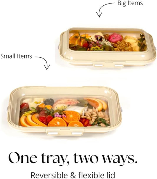 Crudités | Portable Snack Tray | Rectangle 2-Pack | Cream White | Reversible Stretch Lid Food Containers | BPA-Free, Freezer & Dishwasher Safe | Meal-Prep, Charcuterie, Salads, Picnic, Travel