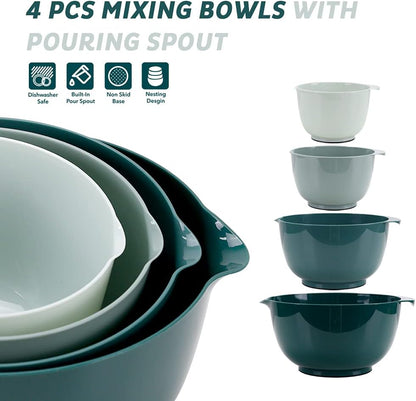BoxedHome Nesting Plastic Mixing Bowl Set With Pour Spout, Microwave and Dishwasher Safe, BPA free Non-Slip Base, Set of 4 Size 1.7, 2.5, 3.5 and 4.5qt, Great for Prepping, Baking, Cooking (Dark Blue)