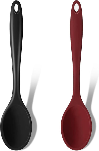 GEEKHOM Silicone Cooking Spoons, 4 Pieces 8" Heat Resistant Silicone Kitchen Utensils Set Serving Stirring Spoons for Non Stick Cooking, Mixing, Basting, Baking, Black+Red+Gray+Blue