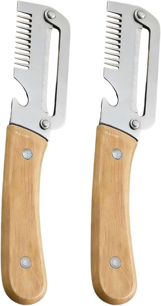 2pcs Multifunctional Vegetable Peeler Shredder, 3-in-1 Stainless Steel Julienne Peeler Tool with Bottle Opener and Non-slip Wooden Handle, Fruit Peeling Knife for Kitchen