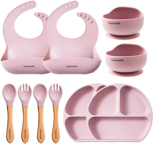 Baby Feeding Essentials Silicone Ange Smile 12 Set Bib, Baby Bowl, Suction Plate, Spoon, Fork Eating Utensils for 6+ Months Kids Toddler Kawaii (Pink)