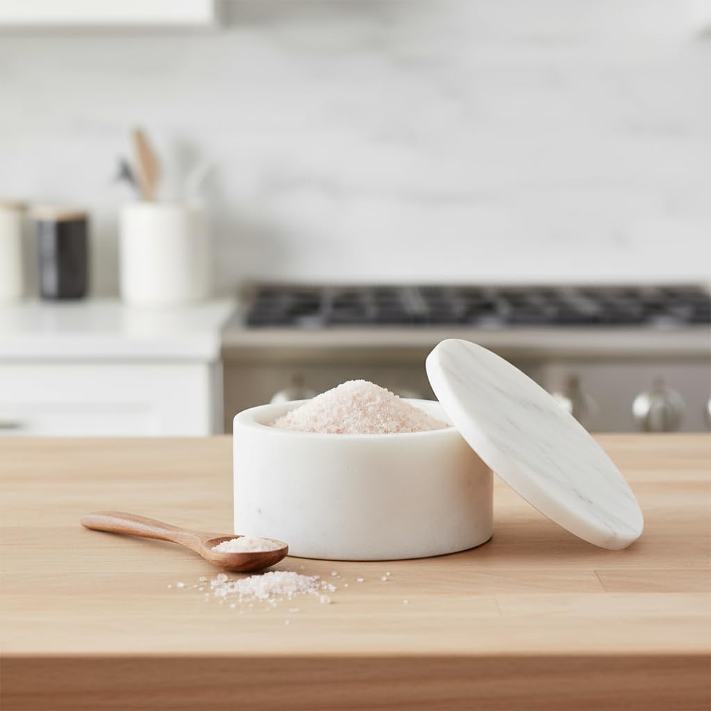 Queenza White Marble Salt Cellar with Lid – Handmade Salt Box & Salt Container for Kitchen Countertop