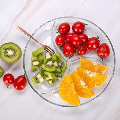 FOYO Round Tempered Glass Serving Platters/Trays - 3 Sectional -10'' Diameter, Set of 2