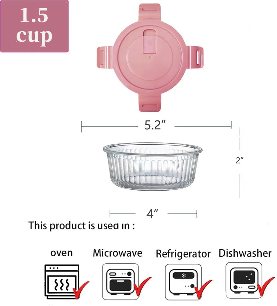 Small Round Glass Food Storage Containers with Lids, 1.5 Cup Round Food Containers set BPA-Free, 12oz Glass Lunch Bowls for Soup Leftover, Microwave, Dishwasher and Freezer Safe (4pack)