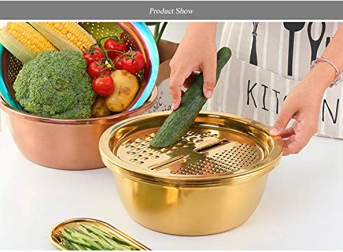 3PC/Set Colander set Stainless Steel Vegetable Slicer Fruit Potato Peeler Carrot Grater Strainer Utensil Round Rice Washer Bowl Drain Basket-Gold