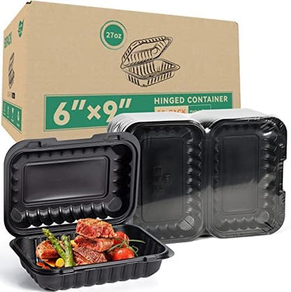 Takeout Container Mineral Filled PP Plastic - 7.8 Inch 30oz 65 Pack BPA Free 3 Compartments Shrink Wrap Bento Box | Freezer & Microwave Safe for Picnic | Black Reusable & Disposable Containers