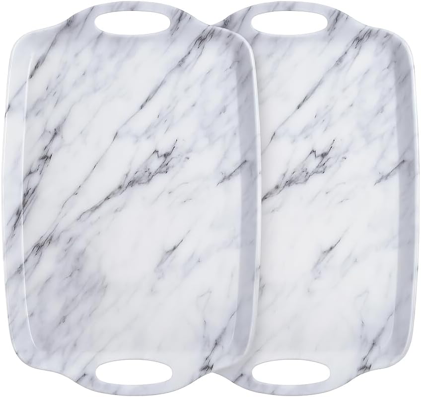 TP Large Serving Trays with Handles, 19" x 12" Melamine Serving Platters for Food, Turkey, Set of 2 Rectangular Trays for Party, Pure White